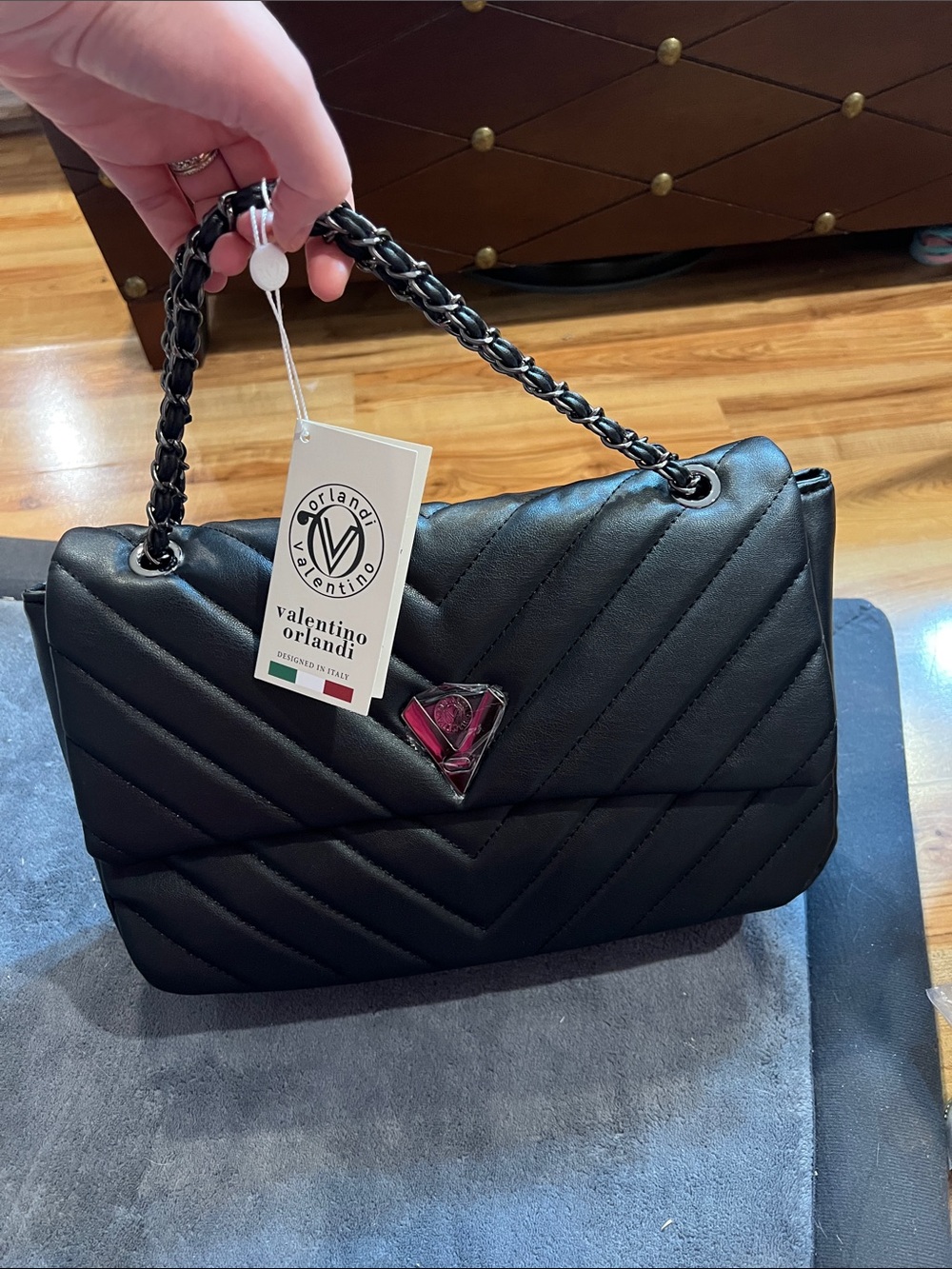 Valentino Orlandi Black Quilted Shoulder Bag with Chain Handle